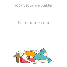 one legged reclining hero pose variation block head bolster block back (Eka Pada Supta Virasana Variation Block Sirsa Bolster Block Back)