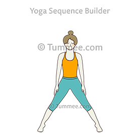 wide legged mountain pose on tiptoes arms by sides (Prasarita Tadasana Samprapada Hasta By Sides)
